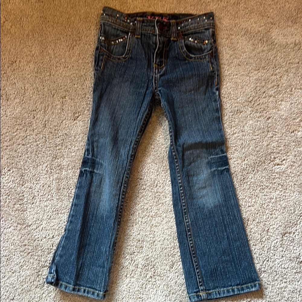 Classic Blue Boot-Cut Jeans with Distressed Details size 5